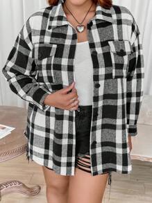 Flirla Plus Plaid Print Drop Shoulder Overcoat - Black and White - View 6