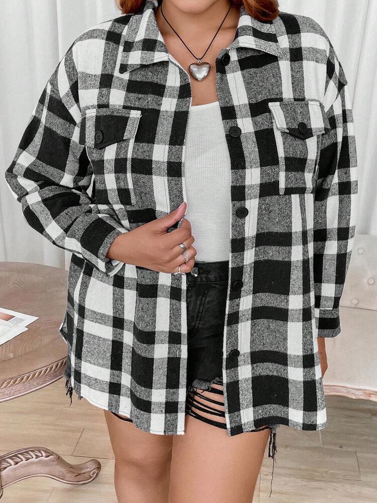 Plus Plaid Print Drop Shoulder Overcoat
