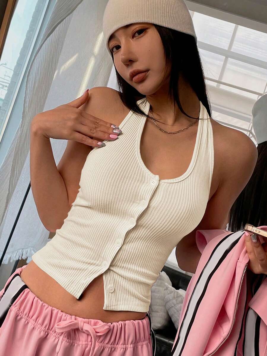 DAZY Button Front Backless Halter Top - Apricot - View 1