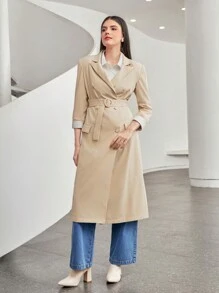 Seusyu Lapel Neck Double Breasted Belted Coat - Khaki - View 7
