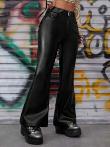 SHEIN PETITE 星星印花喇叭PU皮革長褲 - 黑色 - 查看 4