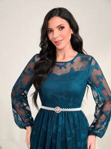 Modelyn Embroidery Embroidery Mesh Overlay Dress Without Belt and Cape - Teal Blue - View 4