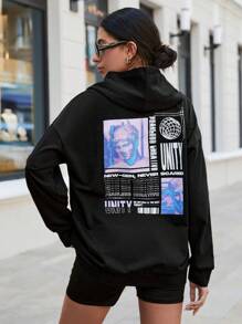 EURMUSE Women's Casual Printed Drop Shoulder Hoodie - Black - View 1