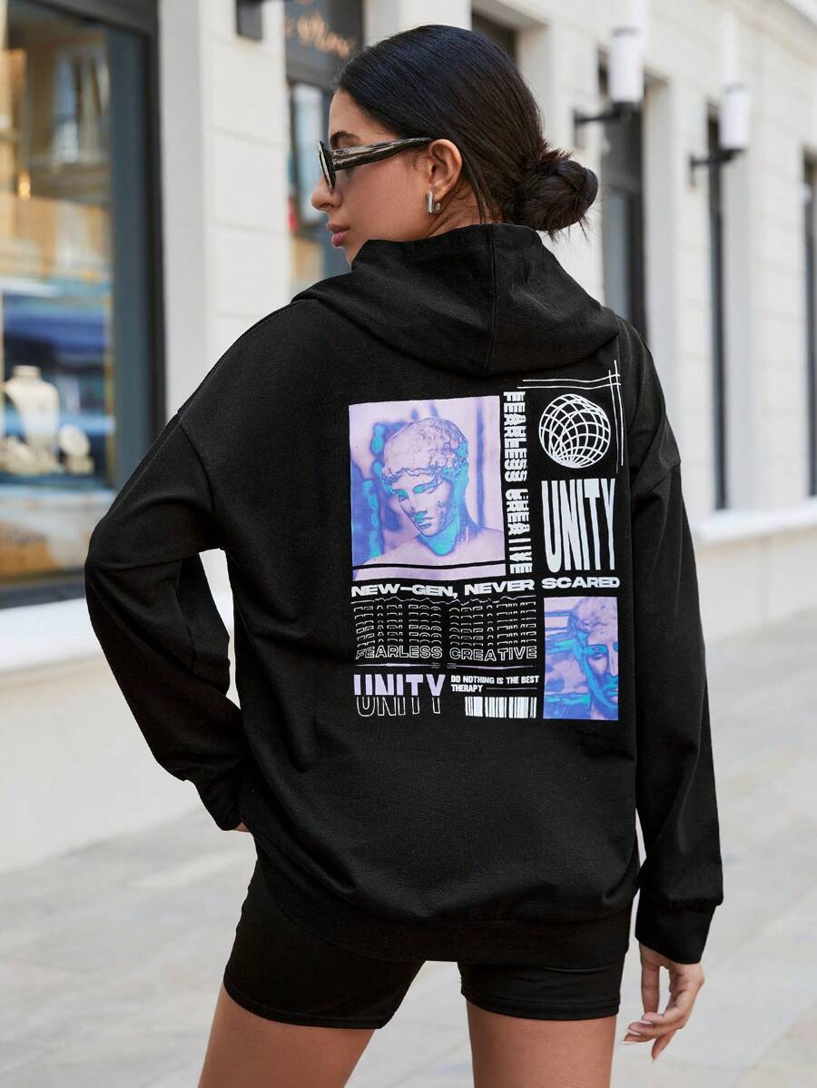 EURMUSE Women's Casual Printed Drop Shoulder Hoodie - Black - View 1