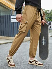 In My Nature Men Flap Pocket Side Drawstring Waist Cargo Pants - Khaki - View 4