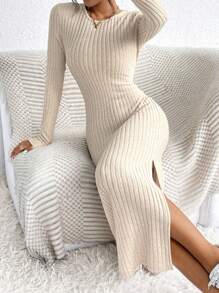 SHEIN Frenchy Vestido de punto acanalado ceñido con abertura lateral en el muslo, vestido de suéter largo, vestido de suéter maxi, vestido de suéter largo, vestido de invierno sexy - Albaricoque - Ver 4