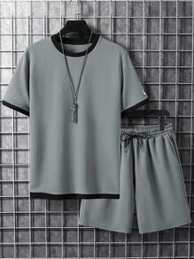 Manfinity Homme 男士大码拼接邊落肩T恤和短褲 - 灰色 - 查看 3