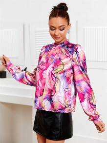 SHEIN Privé Marble Print Mock Neck Lantern Sleeve Blouse - Multicolor - View 3
