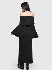 ROMWE Goth 一字肩喇叭袖高衩腰部綁帶洋裝 - 黑色 - 查看 5