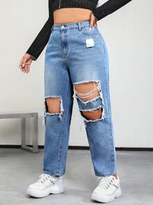 SHEIN ICON Plus High Waist Ripped Cut Out Mom Fit Jeans - Light Wash - View 3