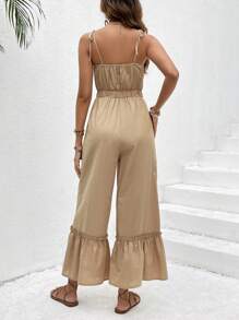 SHEIN VCAY 鏤空前繫帶荷葉邊吊帶連體褲 - 卡其色 - 查看 2