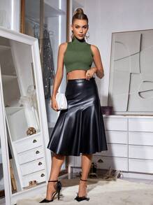 Apperloth A Chân váy midi da PU cao cấp, cạp cao, khóa kéo bên hông, xếp ly, viền bèo nhún, màu đen, phong cách vintage, mùa xuân. - màu đen - Xem 6