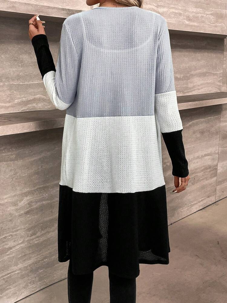 Color Block Open Front Waffle Knit Coat