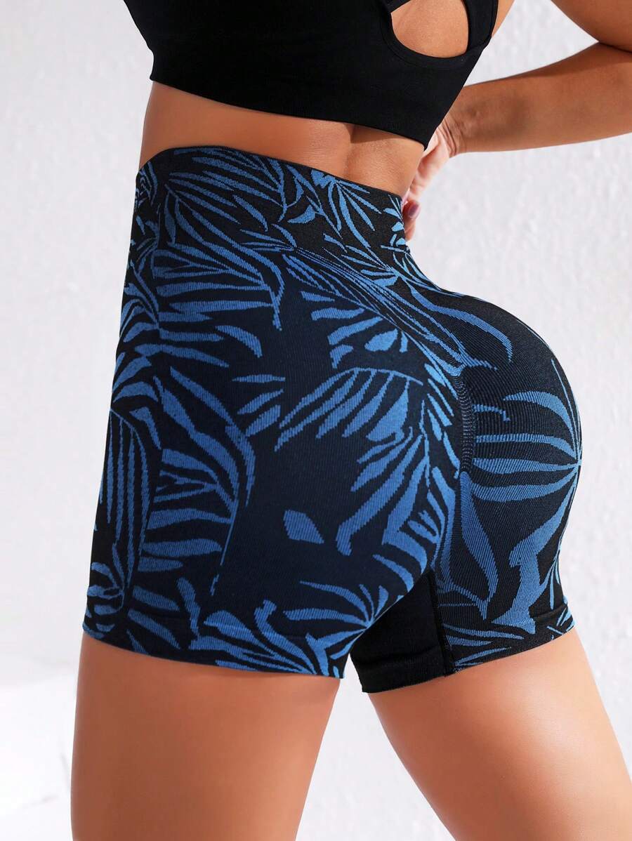 Tropical Print Wideband Waist Sports Shorts - Blue - View 1