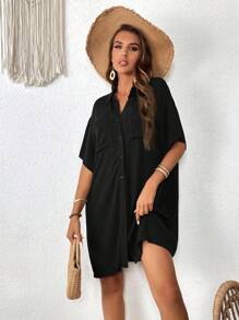 SHEIN VCAY 蝙蝠袖口袋貼布襯衫洋裝