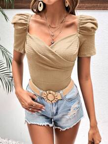 SHEIN VCAY Sweetheart Neck Puff Sleeve Tee - Khaki - View 3