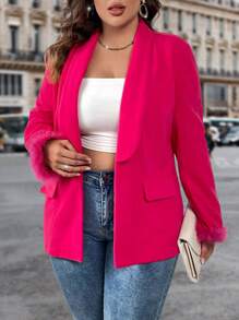 SHEIN Clasi Plus Fuzzy Cuff Shawl Collar Open Front Overcoat Fall Cloth For Women - Hot Pink - View 7