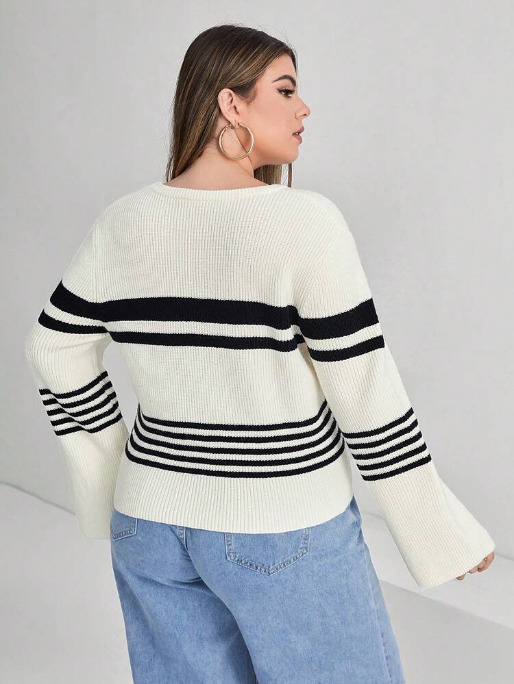 Plus Striped Pattern Drop Shoulder Sweater