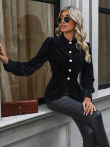 SHEIN Clasi Nút phía trước Xoay eo Nhung Áo sơ mi - màu đen - Xem 5