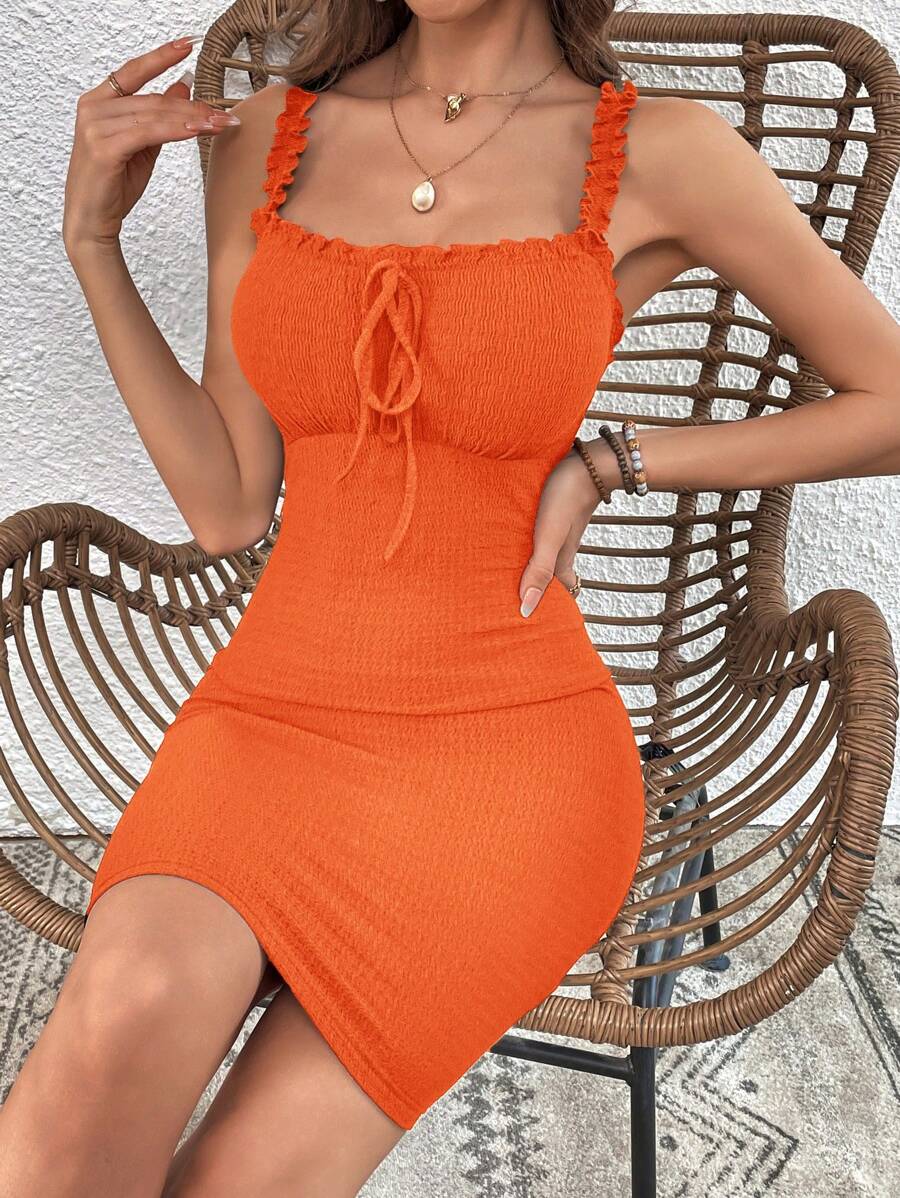 SHEIN VCAY Frill Trim Knot Front Dress - Burnt Orange - View 1