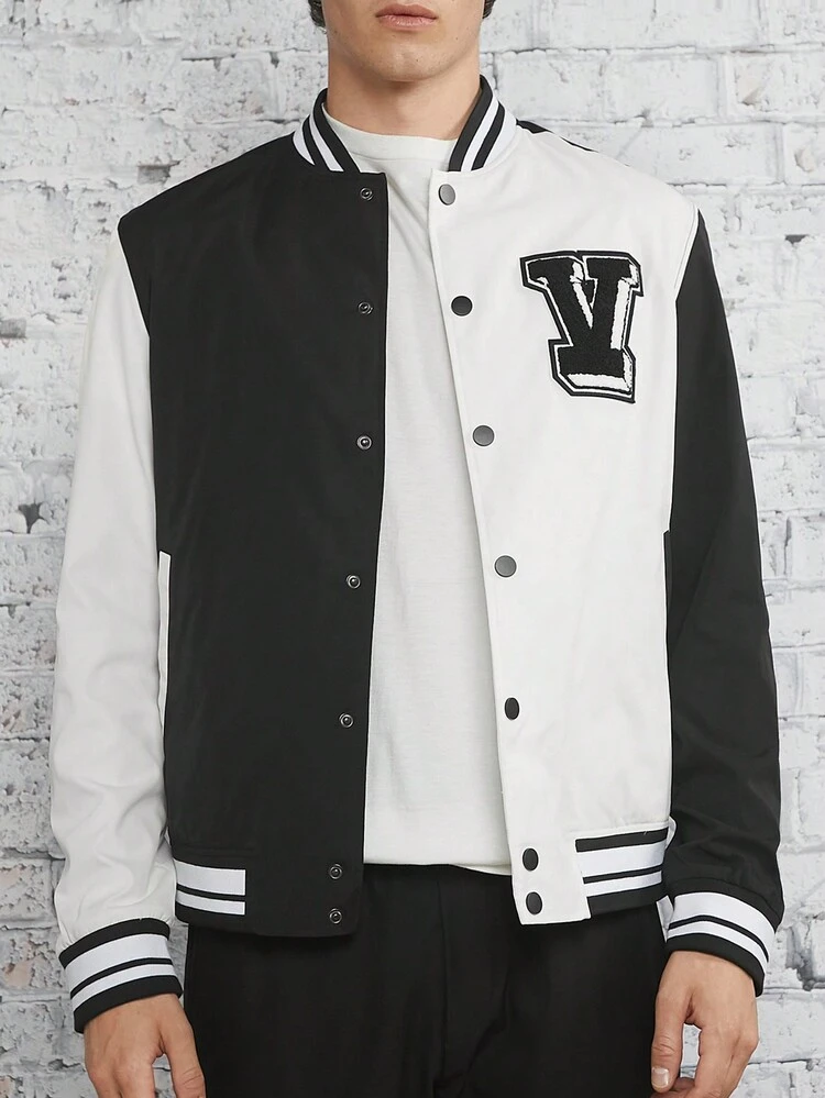 Loose Fit Men's Letter Patched Striped Trim Colorblock Varsity Jacket