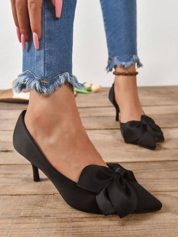 優雅花裝飾高跟法庭鞋,適用於晚會和街頭穿搭,時尚黑色高跟無跟鞋 - 黑色 - 查看 9