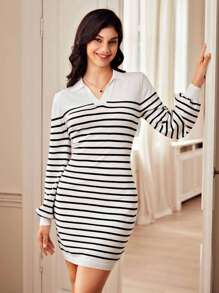 SHEIN Frenchy Striped Pattern Lantern Sleeve Sweater Dress Winter White Casual - White - View 1