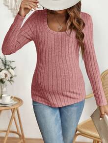 SHEIN Maternity Ribbed Knit Scoop Neck Tee - Pink - View 3