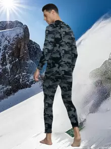 Men Camo Print Raglan Sleeve Top-stitching Sports Set - Multicolor - View 2