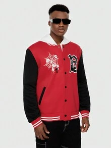 ROMWE MEN Street Life Guys Letter Graphic Striped Trim Colorblock Varsity Jacket - Multicolor - View 3