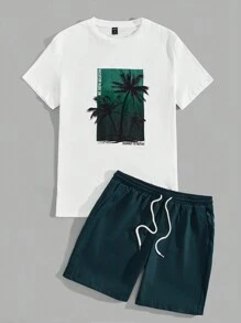 Manfinity VCAY Uomo lettere con stampa tropicale Maglietta & con coulisse a vita Shorts
