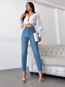 RueChic Slant Pocket Mom Fit Jeans - Blue - View 6