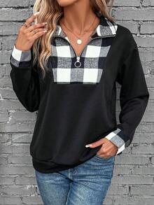 SHEIN LUNE In kẻ sọc Một nửa khóa kéo Thả vai Áo nỉ - màu đen - Xem 6