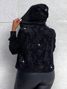 Maweii Plus Zip Up Drawstring Hooded Velvet Jacket - Black - View 2