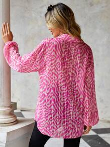 SHEIN Cottnline Allover Print Lantern Sleeve Blouse - Pink - View 2