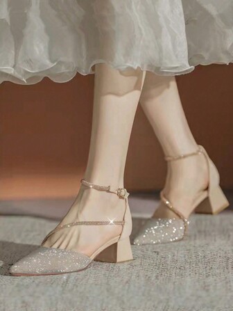 秋冬 レディース ラインストーン装飾 ポインテッドトゥ チャンキーヒール アンクルストラップ パンプス、グラマラスなアウトドアパンプス、エレガント、パーティー