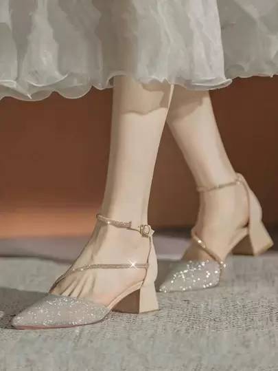 秋冬女士水钻装饰尖头粗跟踝带高跟鞋，魅力户外高跟鞋，优雅派对鞋