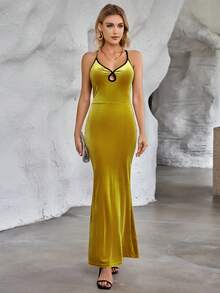 SHEIN Privé 鏤空撞色滾邊魚尾裙下擺吊帶洋裝 - 彩色 - 查看 6