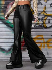 SHEIN PETITE 星星印花喇叭PU皮革長褲 - 黑色 - 查看 3