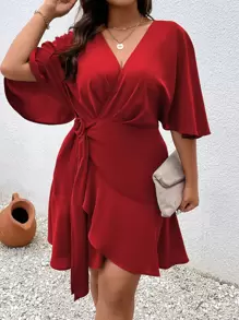 SHEIN Clasi Plus Flounce Sleeve Ruffle Trim Wrap Knot Side Dress Burgundy Color Women Outfit - Burgundy - View 4