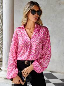 SHEIN Cottnline Allover Print Lantern Sleeve Blouse - Pink - View 6