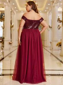 SHEIN Belle Vestido formal de color rojo burdeos con hombros descubiertos, inserto de lentejuelas y contraste de malla - Burdeos - Ver 4