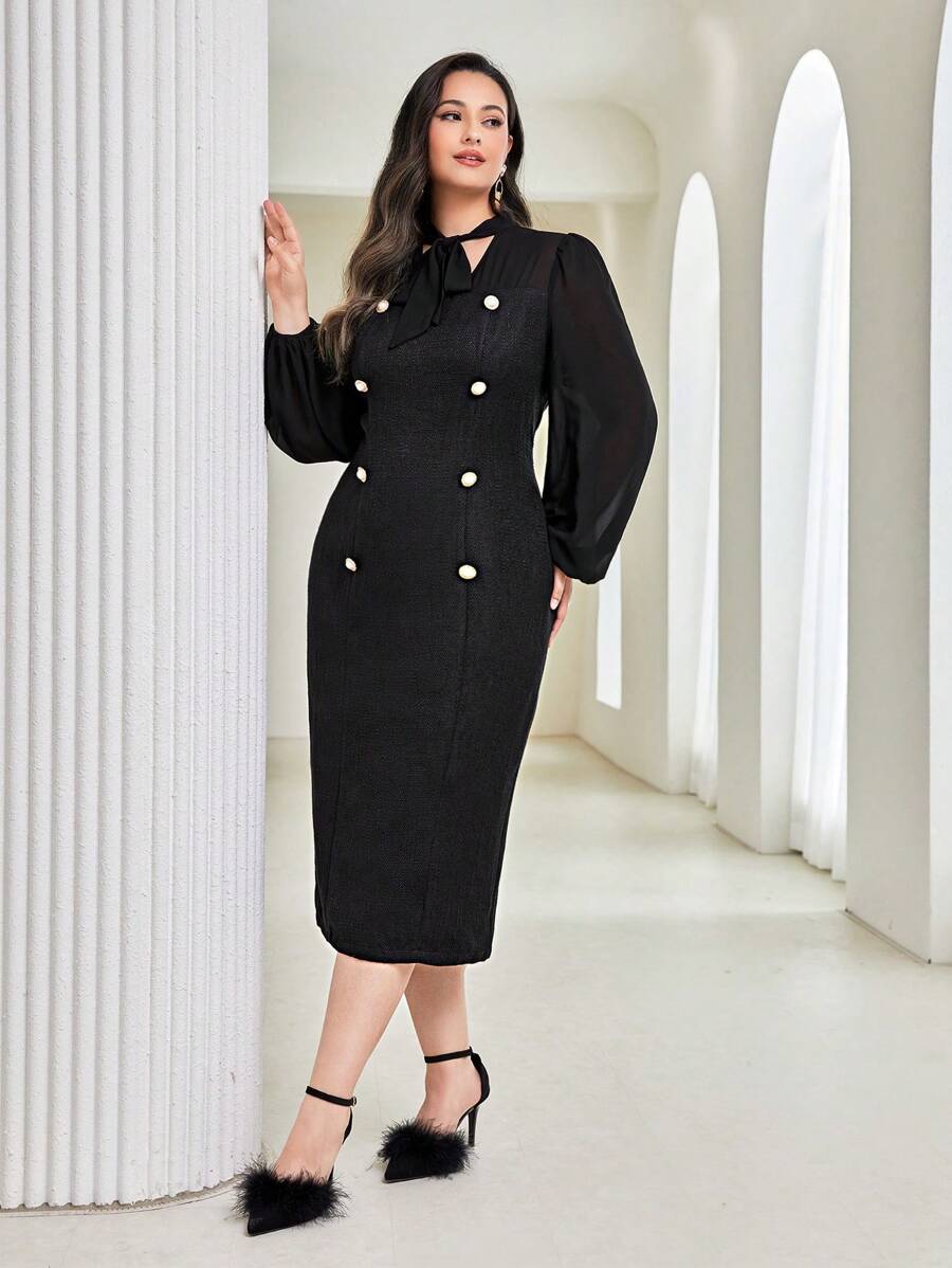 Modelyn 加大领口灯笼袖连衣裙长款晚礼服 - 黑色 - 查看 1