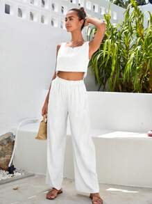 SHEIN VCAY Solid Tank Top & Wide Leg Pants