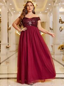 SHEIN Belle Vestido formal de color rojo burdeos con hombros descubiertos, inserto de lentejuelas y contraste de malla - Burdeos - Ver 3