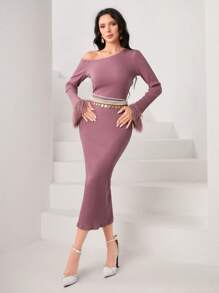 Modelyn Asymmetrical Neck Fuzzy Cuff Bodycon Dress Without Belt Long Evening Dresses