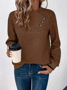 SHEIN LUNE Sudadera con diseño de botón de cuello asimétrico - Café integral - Ver 3