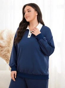 Mulvari Plus Letter Patched Polo Neck Drop Shoulder Sweatshirt Pullover Fall Sweatshirt - Navy Blue - View 4