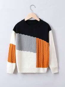 男大童撞色麻花編織套頭毛衣 - 彩色 - 查看 1