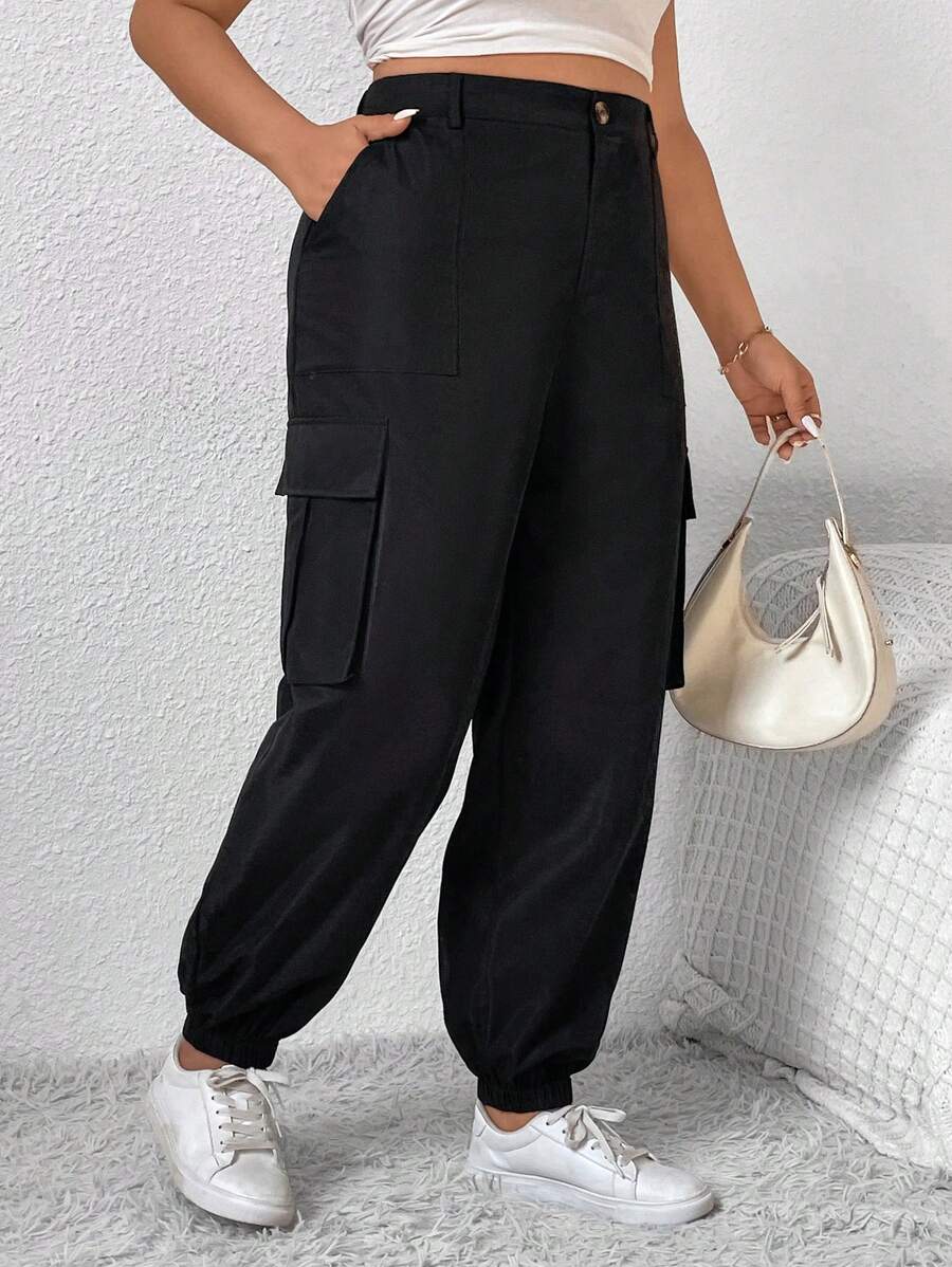 SHEIN Frenchy Plus Flap Pocket Side Cargo Pants - Black - View 1